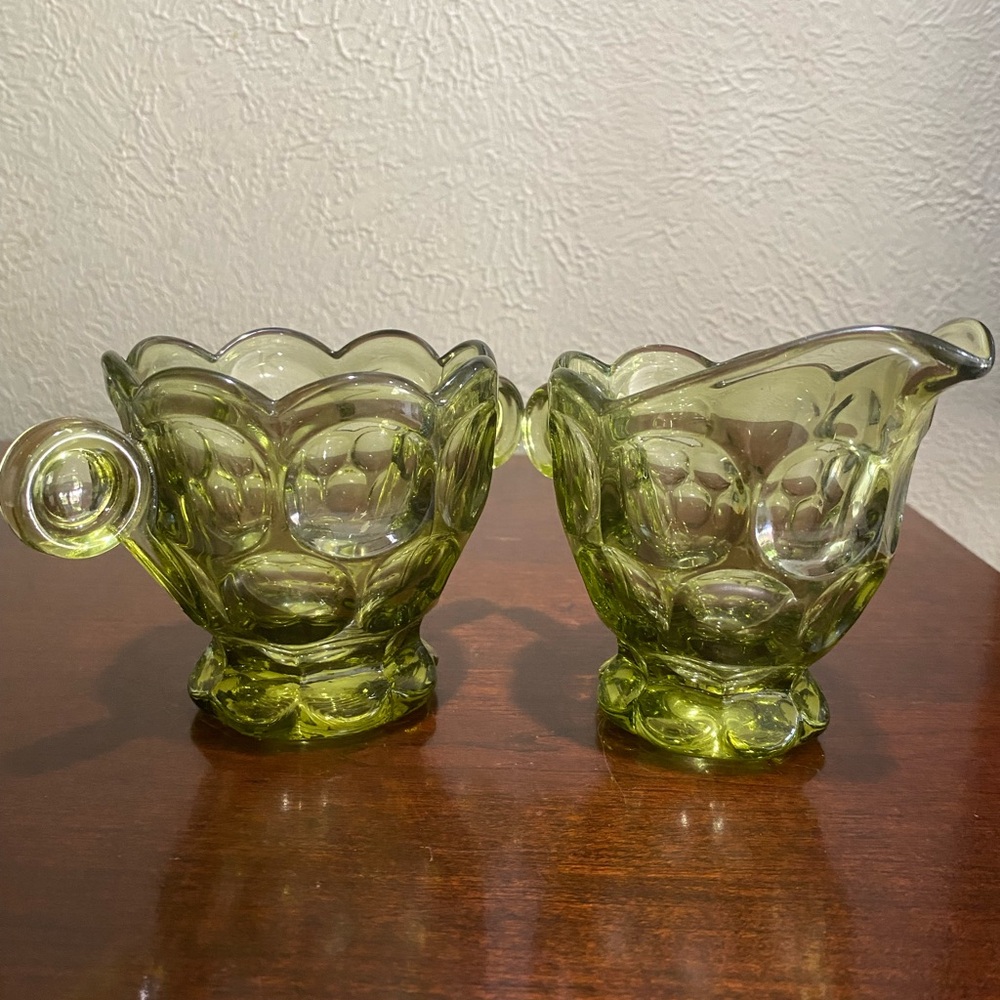 Vintage, Olive Green, Imperial Glass Crème and Sugar Set